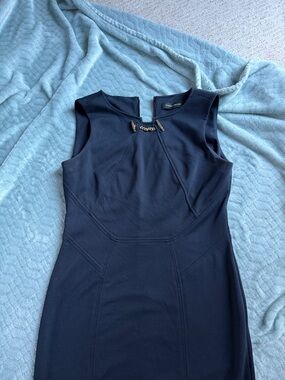 Ivanka Trump Navy Midi Sheath Dress with Gold Chain Accent